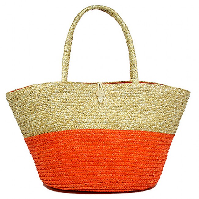 Straw Tote: Woven Wheat Straw Tote - 2 Tones - Orange - BG-R11053OG